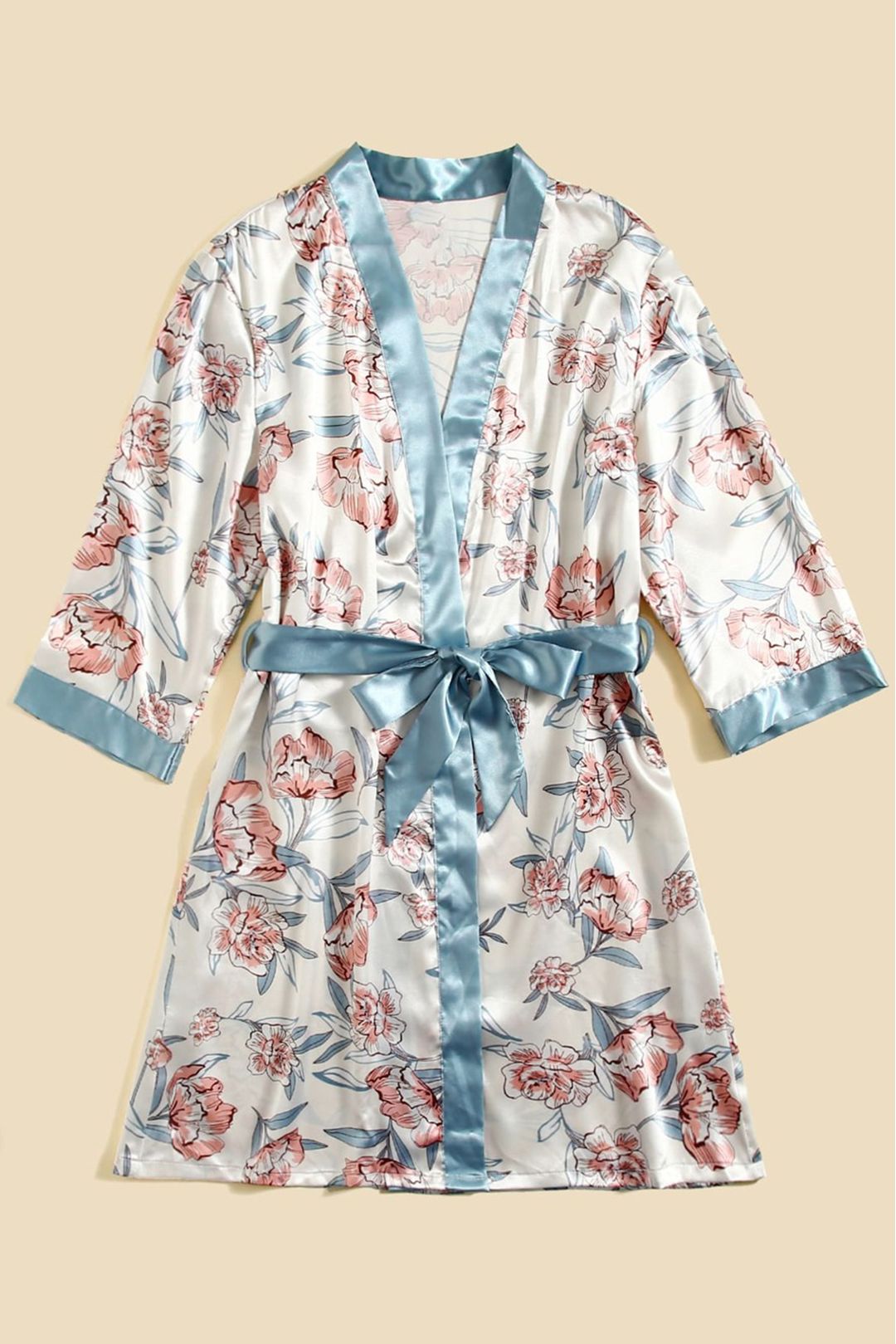 Women's 5 piece sleepwear Aqua floral satin cami pajama set silk with robe
