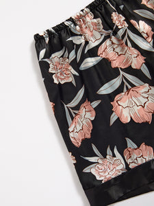 Women's 5 piece sleepwear Black floral satin cami pajama set silk with robe