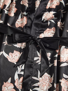 Women's 5 piece sleepwear Black floral satin cami pajama set silk with robe