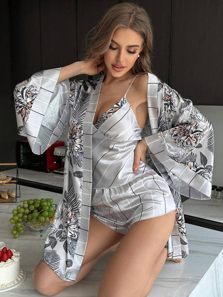 Women's 3 piece sleepwear silver floral print satin cami pajama set silk with robe