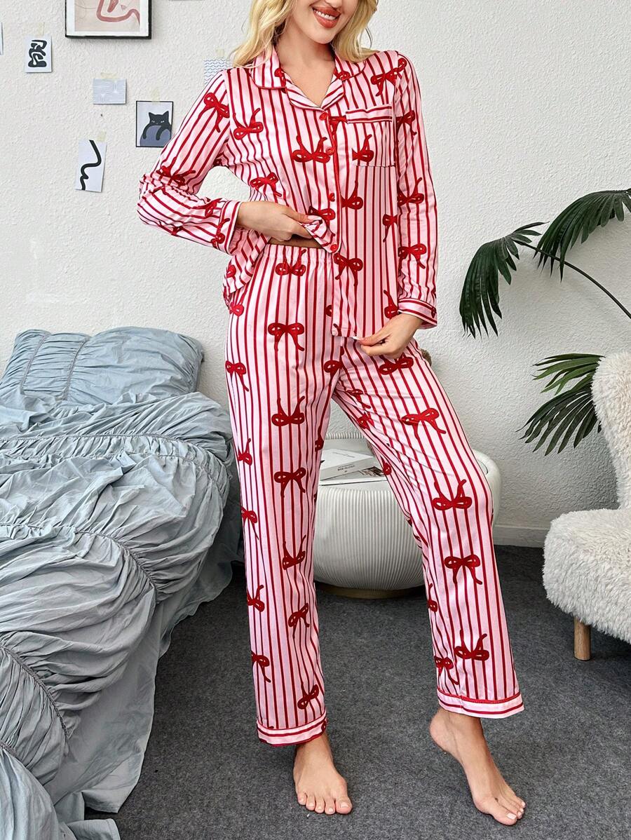 She's Inn Stylish stripe Print Women Nightwear Smoothy Silky Satin Pajama set Night Drees