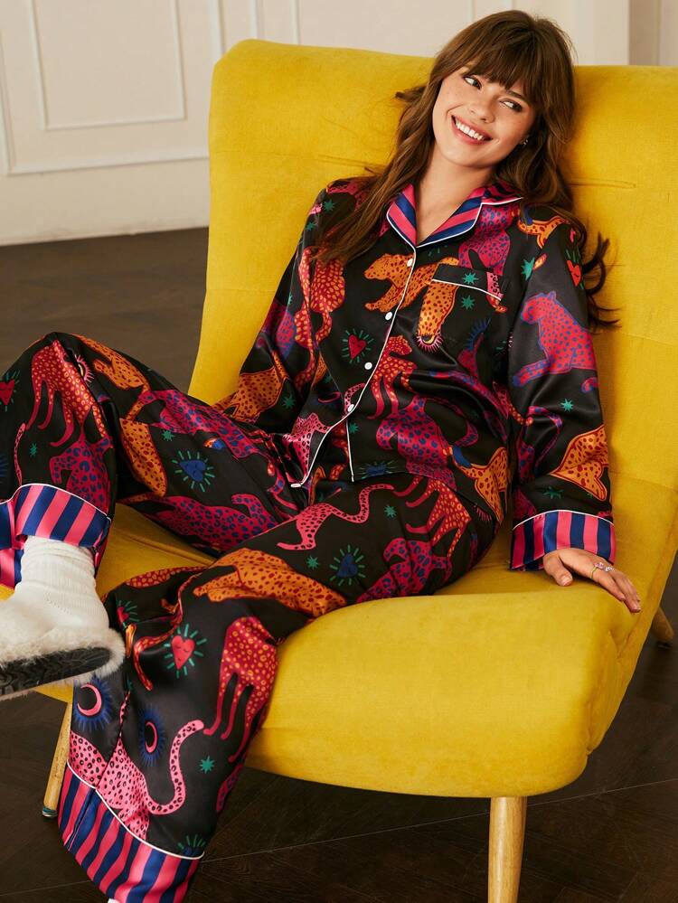 She's Inn Stylish Leopard Print Women Nightwear Smoothy Silky Satin Pajama set Night Drees