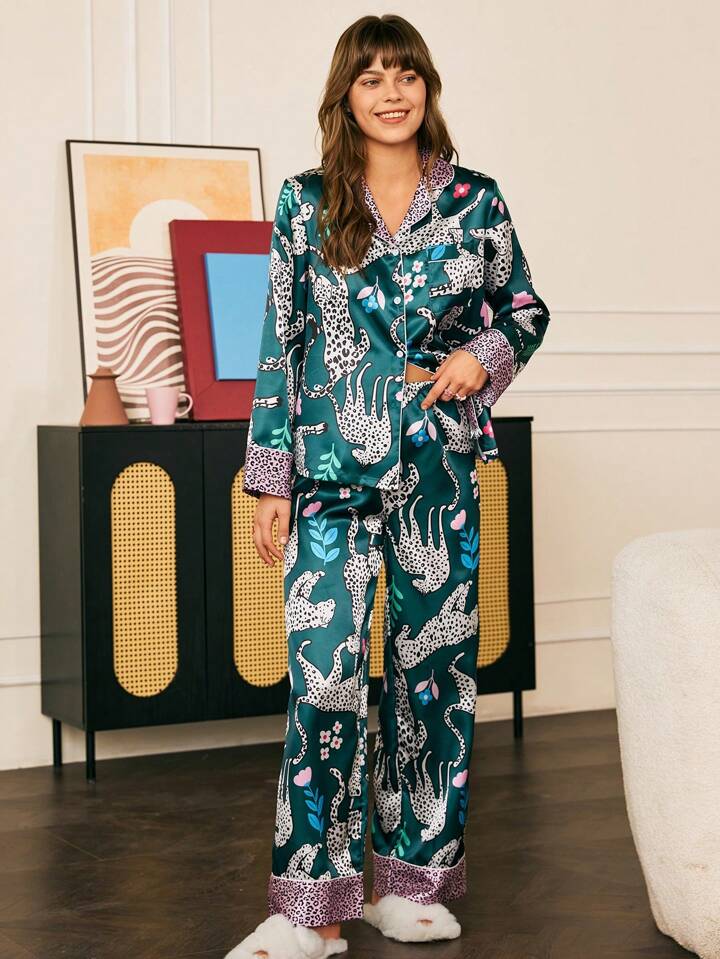 She's Inn Stylish Leopard Print Women Nightwear Smoothy Silky Satin Pajama set Night Drees For Girls