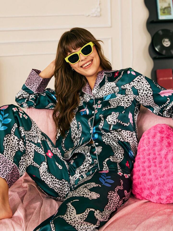 She's Inn Stylish Leopard Print Women Nightwear Smoothy Silky Satin Pajama set Night Drees For Girls