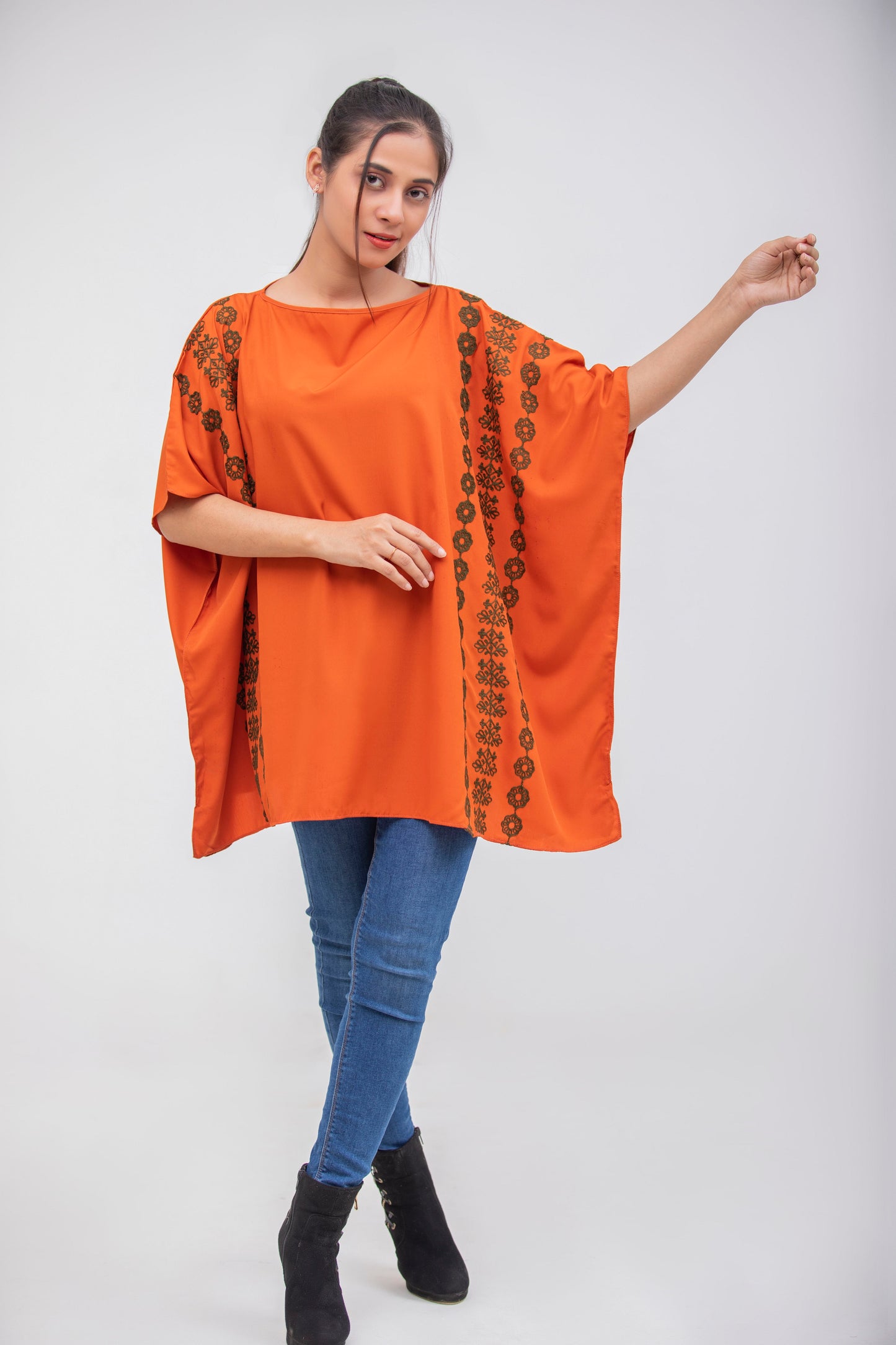 Valerie Orange Floral Embroidered Poncho Top