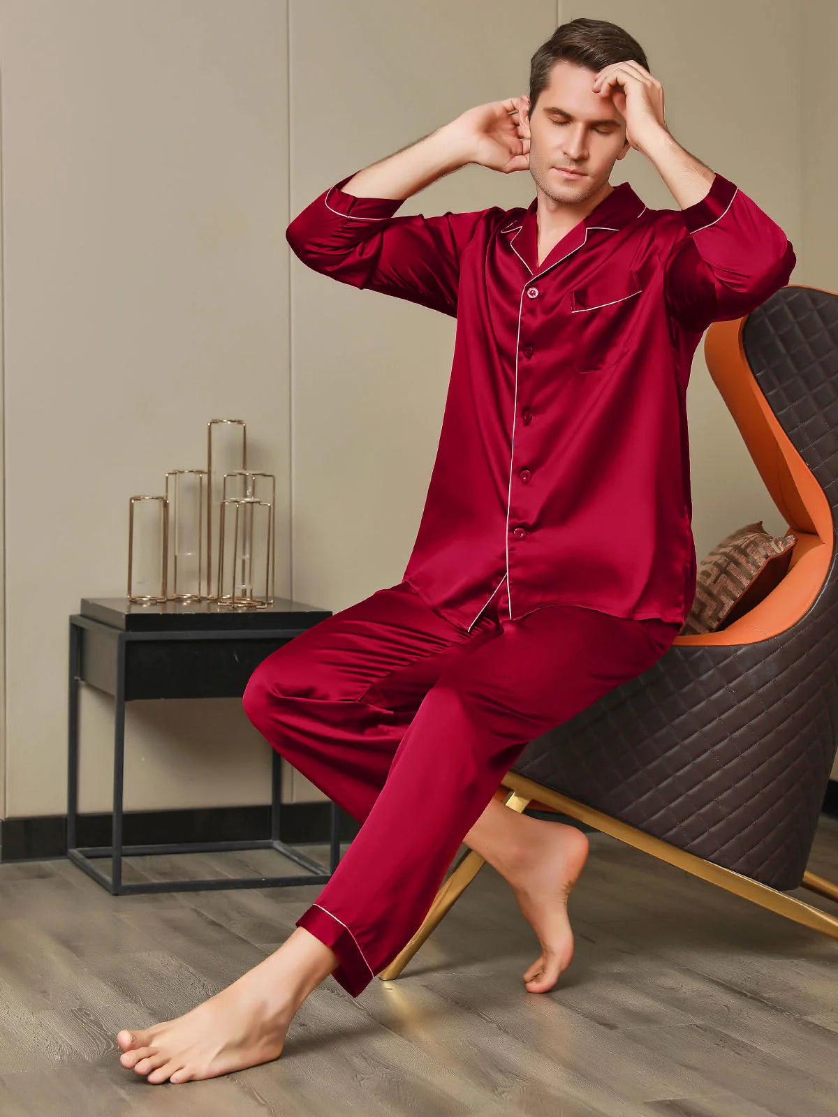 Sebastian Men's Silky Satin Comfortable pajama set contrast Piping Pj set