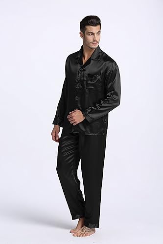 Sebastian Men's Silky Satin Black Solid pajama set pjs, satin, full sleeve