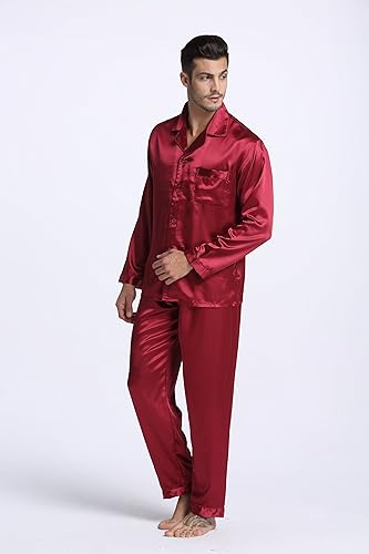Sebastian Men's Silky Satin Burgundy Solid pajama set pjs, satin, full sleeve
