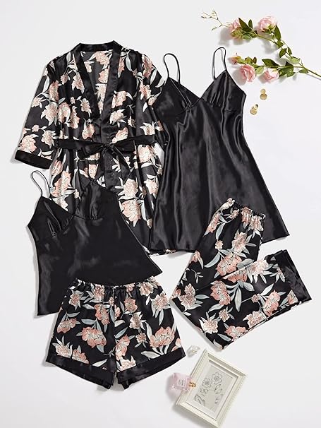 Women's 5 piece sleepwear Black floral satin cami pajama set silk with robe