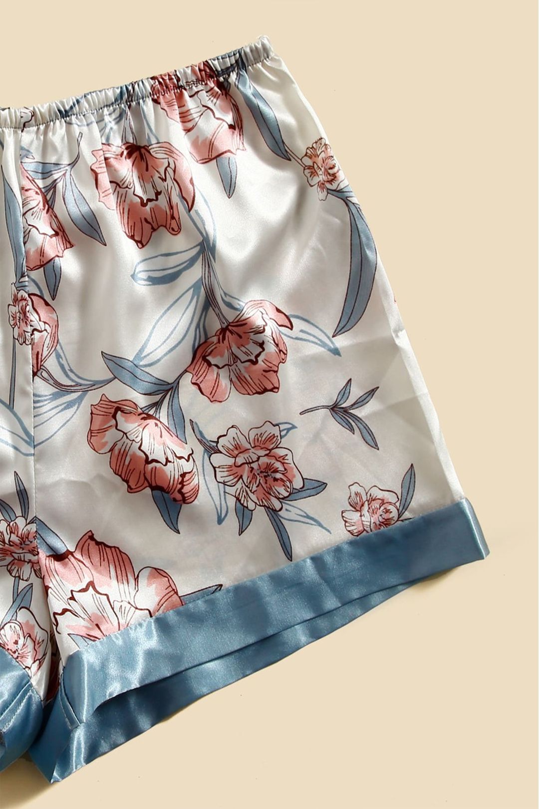 Women's 5 piece sleepwear Aqua floral satin cami pajama set silk with robe