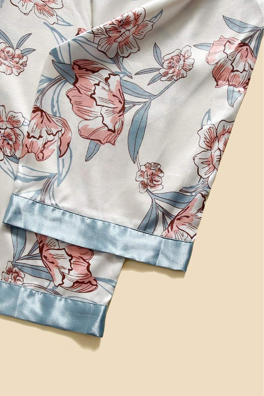 Women's 5 piece sleepwear Aqua floral satin cami pajama set silk with robe