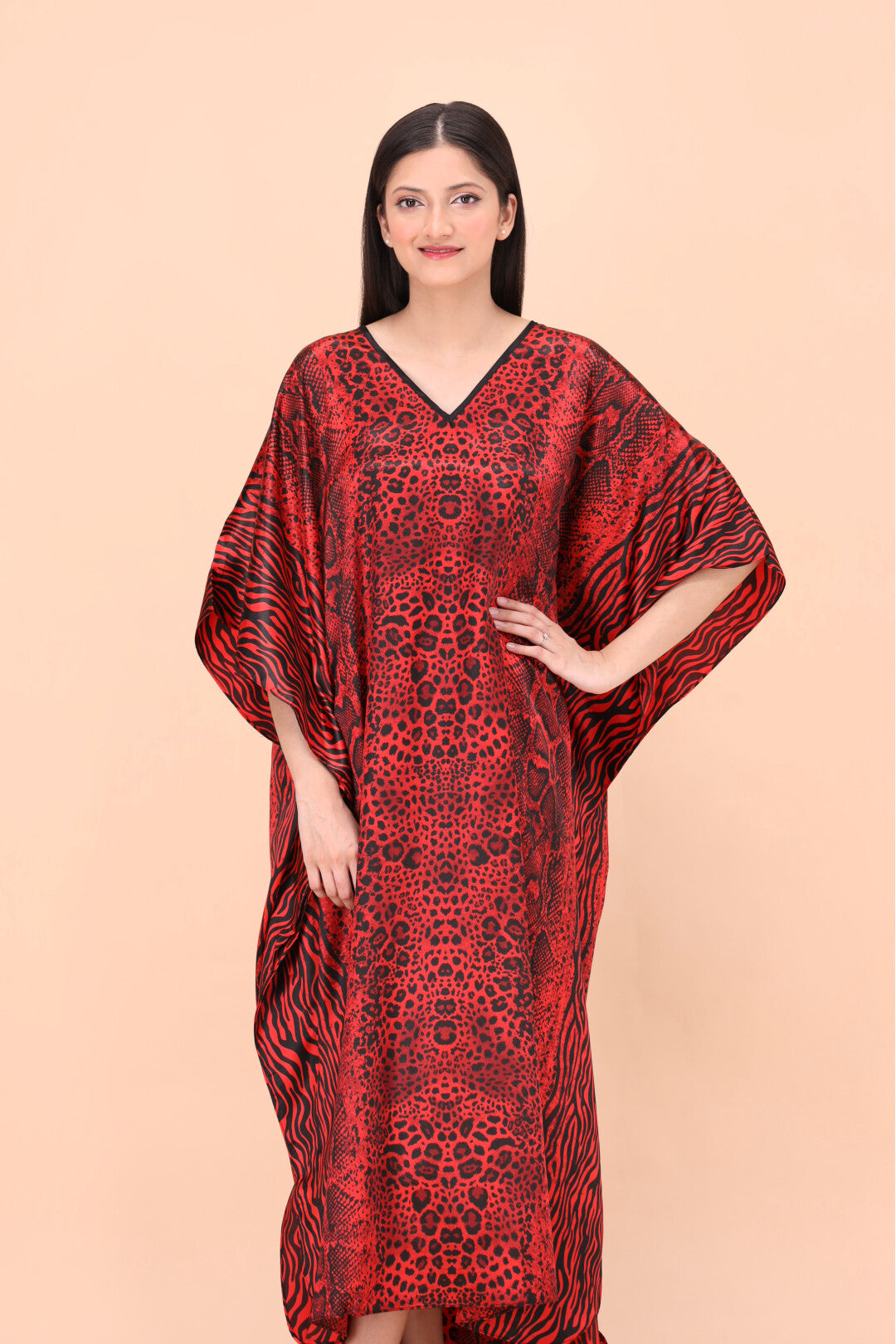 Studio By Arj women Burgandy Snack print Silky Satin caftan lounge wear / nightwear