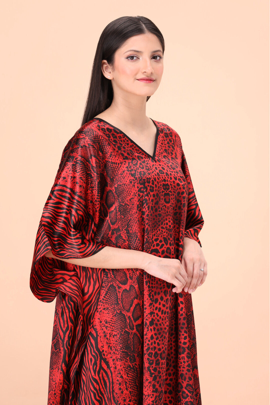Studio By Arj women Burgandy Snack print Silky Satin caftan lounge wear / nightwear