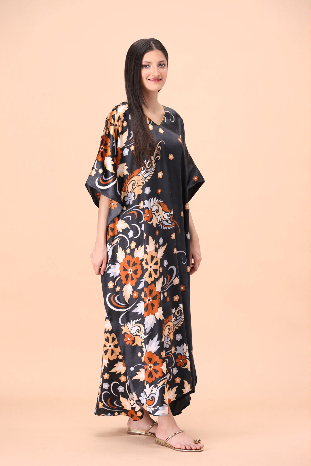 Studio By Arj Women Black print Silky Satin caftan lounge wear / nightwear