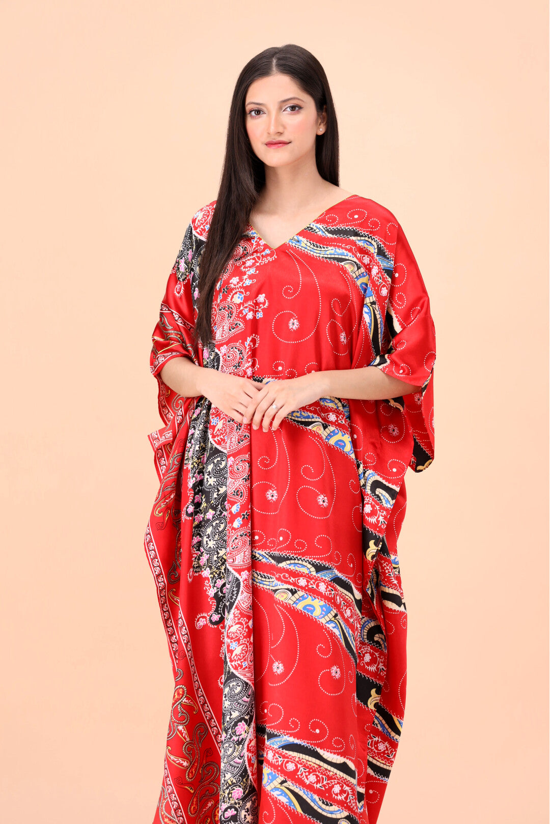 Studio By Arj Women Red Flower printed Silky Satin caftan lounge wear / nightwear
