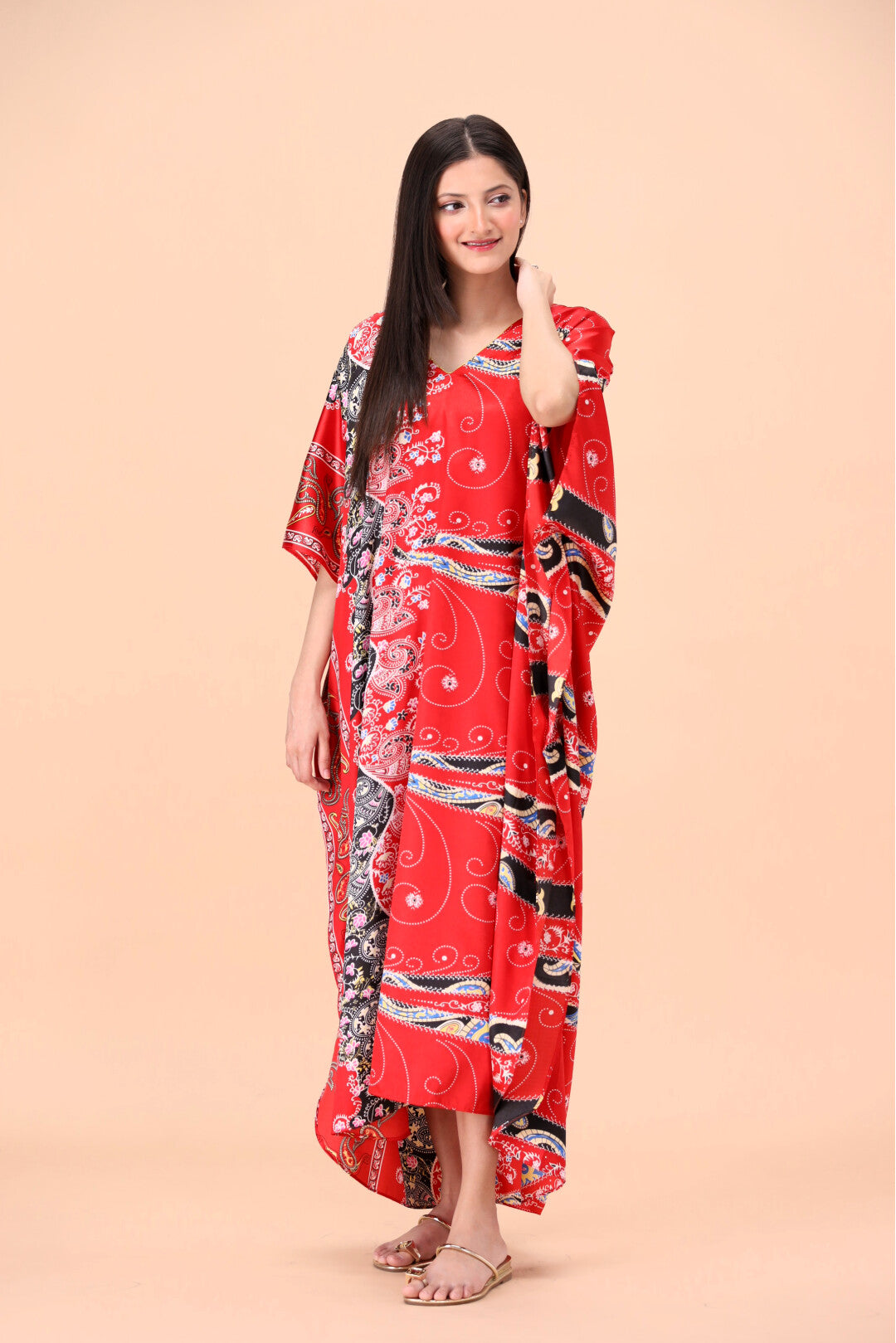 Studio By Arj Women Red Flower printed Silky Satin caftan lounge wear / nightwear
