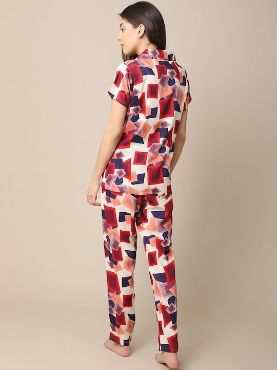 She's Inn Dazzling Designs Women Red & Blue Printed Night Suit Poly Viscose Pajama Set