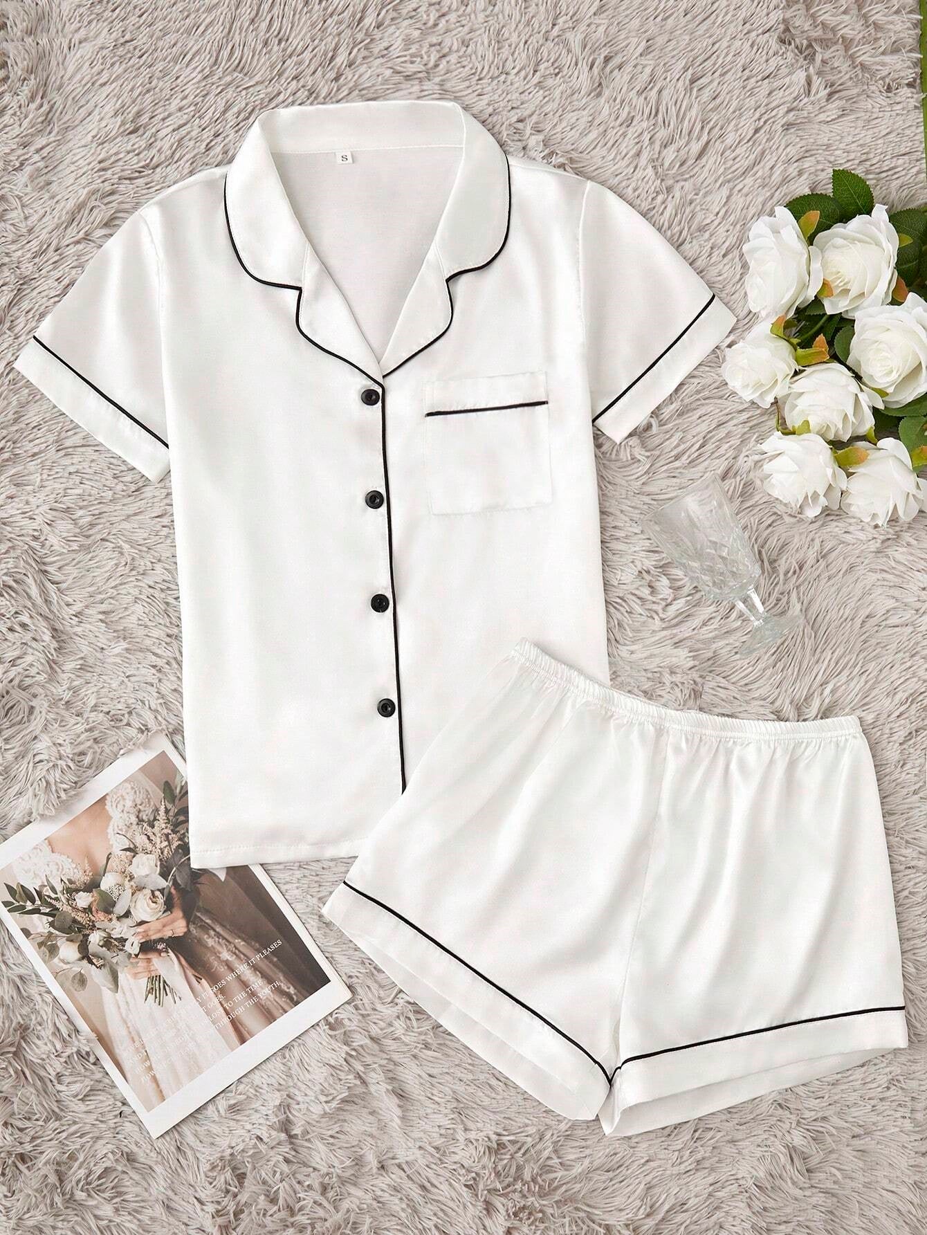 Bella de Fashion Treasures Women’s Contrast Pipping Satin Short PJ Set /Nightdress Silky/ Night Suit For Women’s  ARJ-SHT-01-WHT