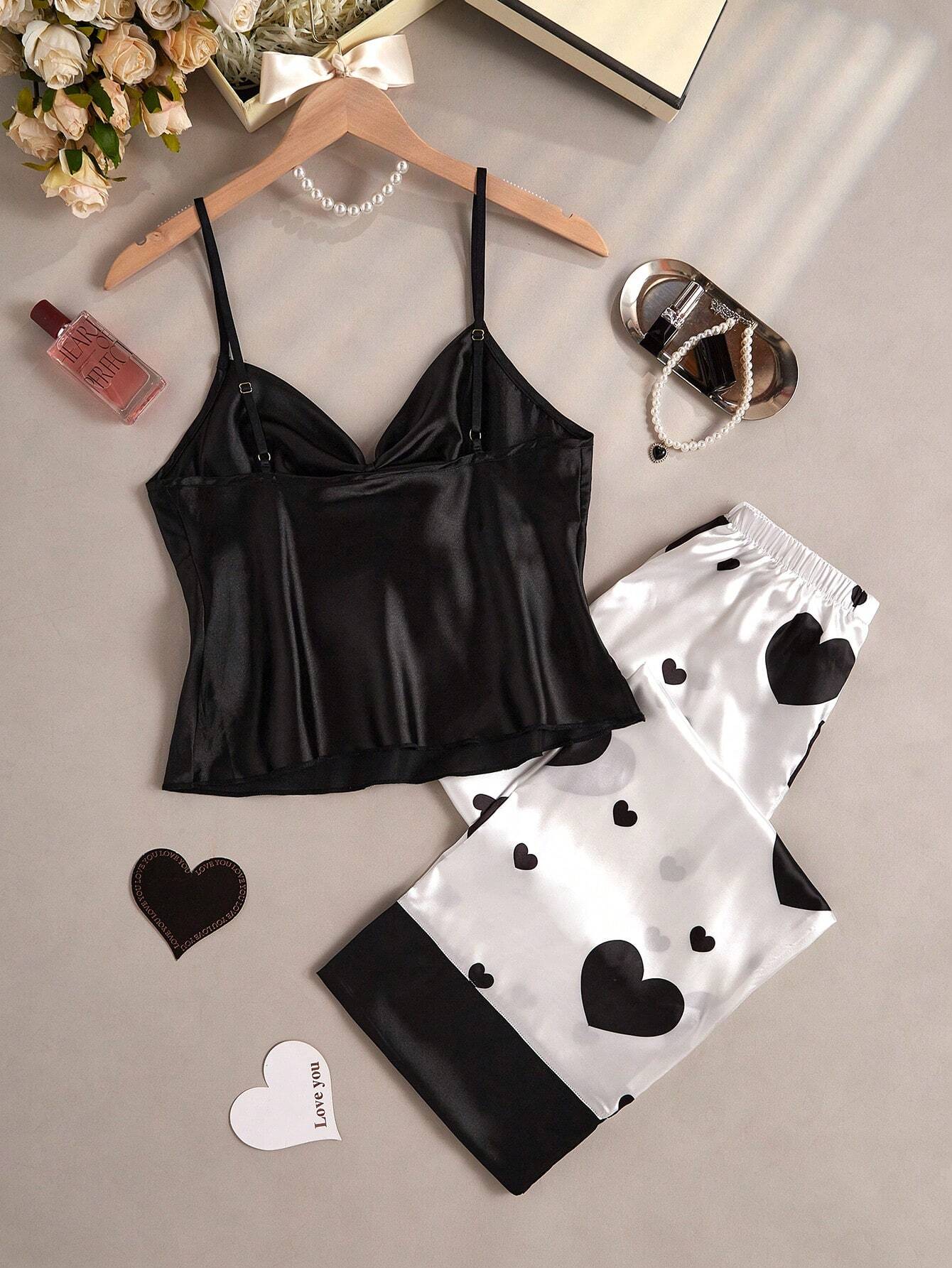 She's Inn Black heart Print Satin Camisole And Long Pants Pajama Set