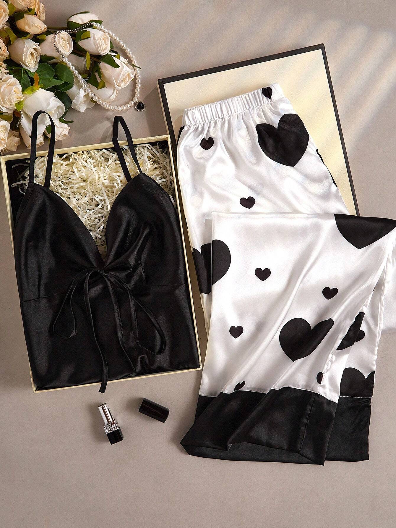 She's Inn Black heart Print Satin Camisole And Long Pants Pajama Set