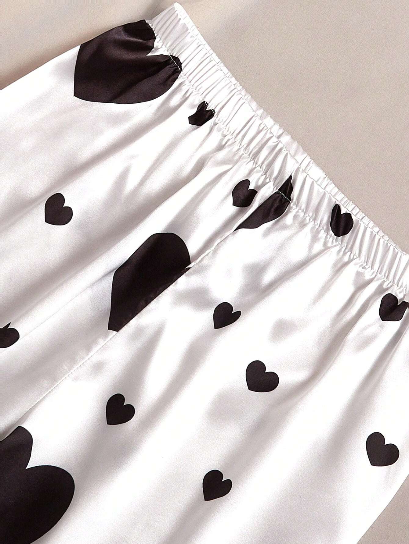 She's Inn Black heart Print Satin Camisole And Long Pants Pajama Set