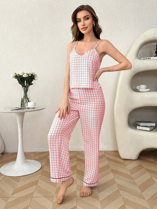 She's Inn Checkered Print Satin Camisole And Long Pants Pajama Set