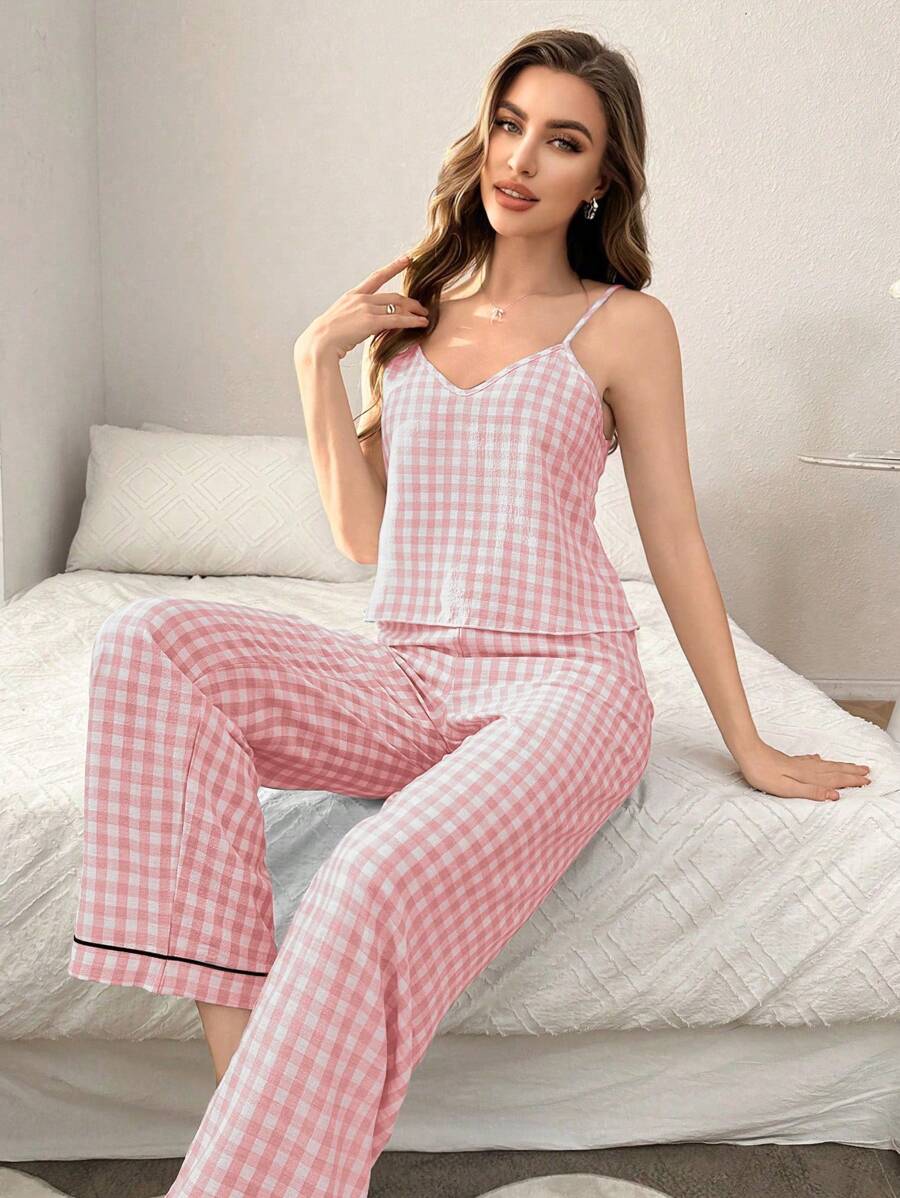 She's Inn Checkered Print Satin Camisole And Long Pants Pajama Set