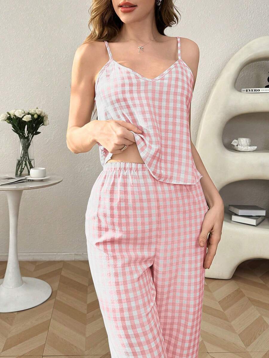 She's Inn Checkered Print Satin Camisole And Long Pants Pajama Set