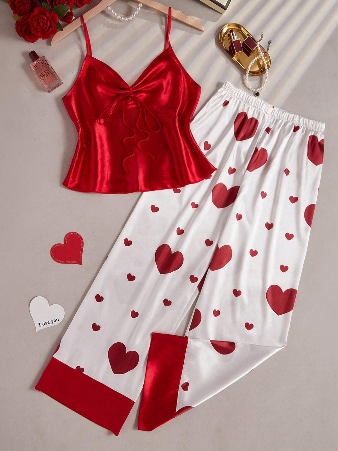 She's Inn Red heart Print Satin Camisole And Long Pants Pajama Set