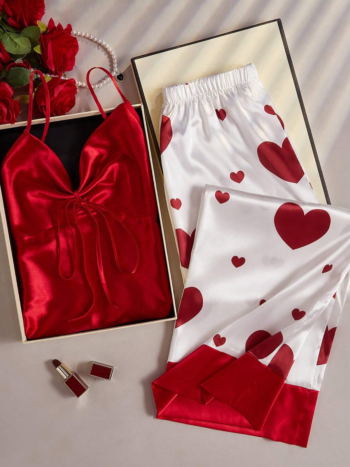 She's Inn Red heart Print Satin Camisole And Long Pants Pajama Set