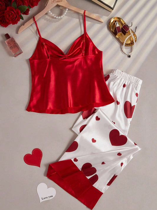 She's Inn Red heart Print Satin Camisole And Long Pants Pajama Set