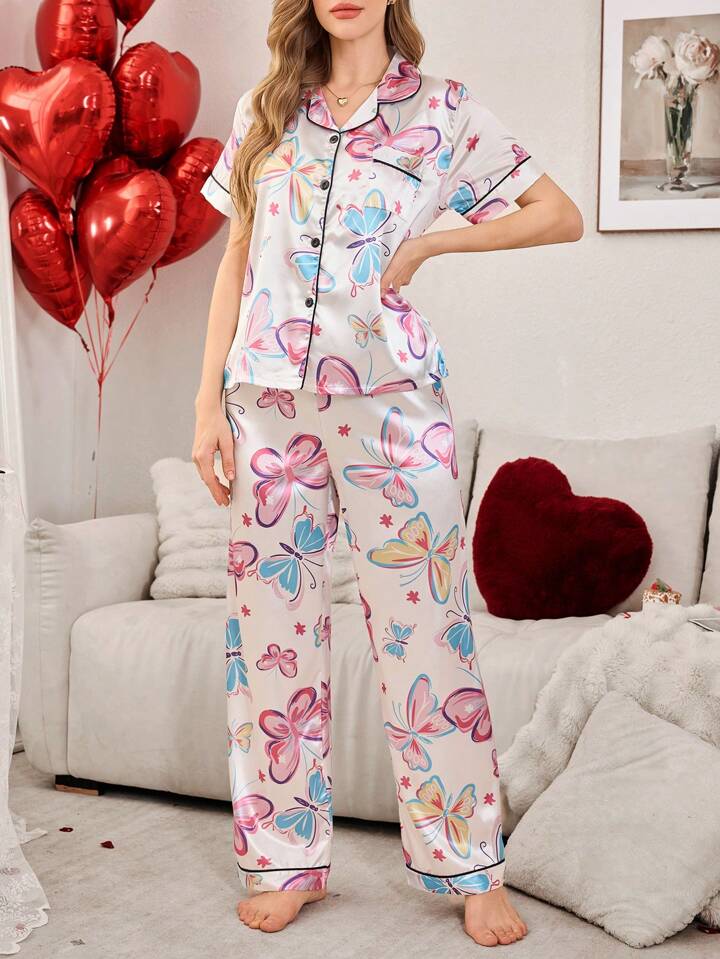 She's Inn Stylish Butterflly Print Women Nightwear Smoothy Silky Satin Pajama set Night Drees