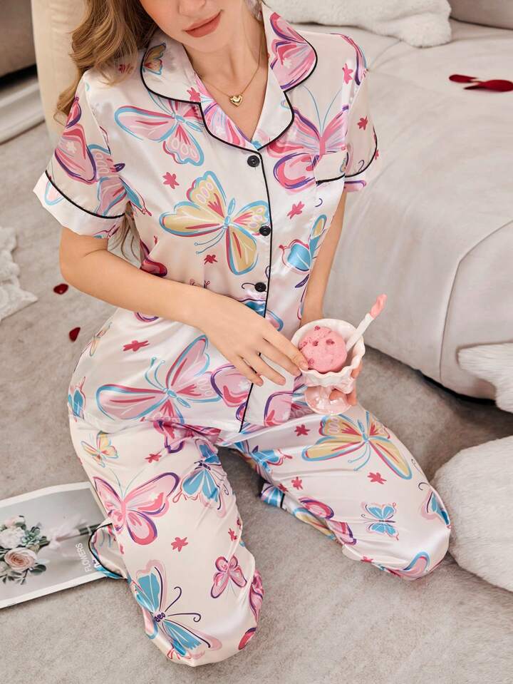 She's Inn Stylish Butterflly Print Women Nightwear Smoothy Silky Satin Pajama set Night Drees