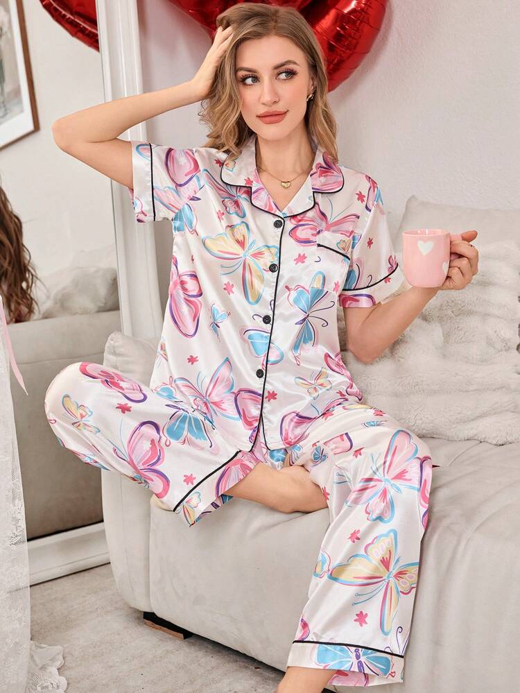 She's Inn Stylish Butterflly Print Women Nightwear Smoothy Silky Satin Pajama set Night Drees