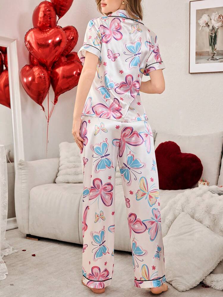 She's Inn Stylish Butterflly Print Women Nightwear Smoothy Silky Satin Pajama set Night Drees