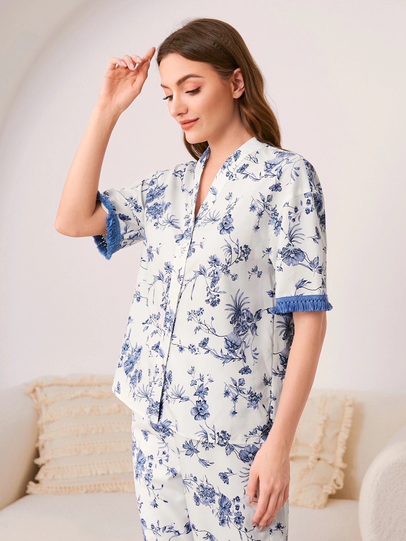 She's Inn Fashion Finds Silky Satin Floral Print half Sleeves Satin PJ Set