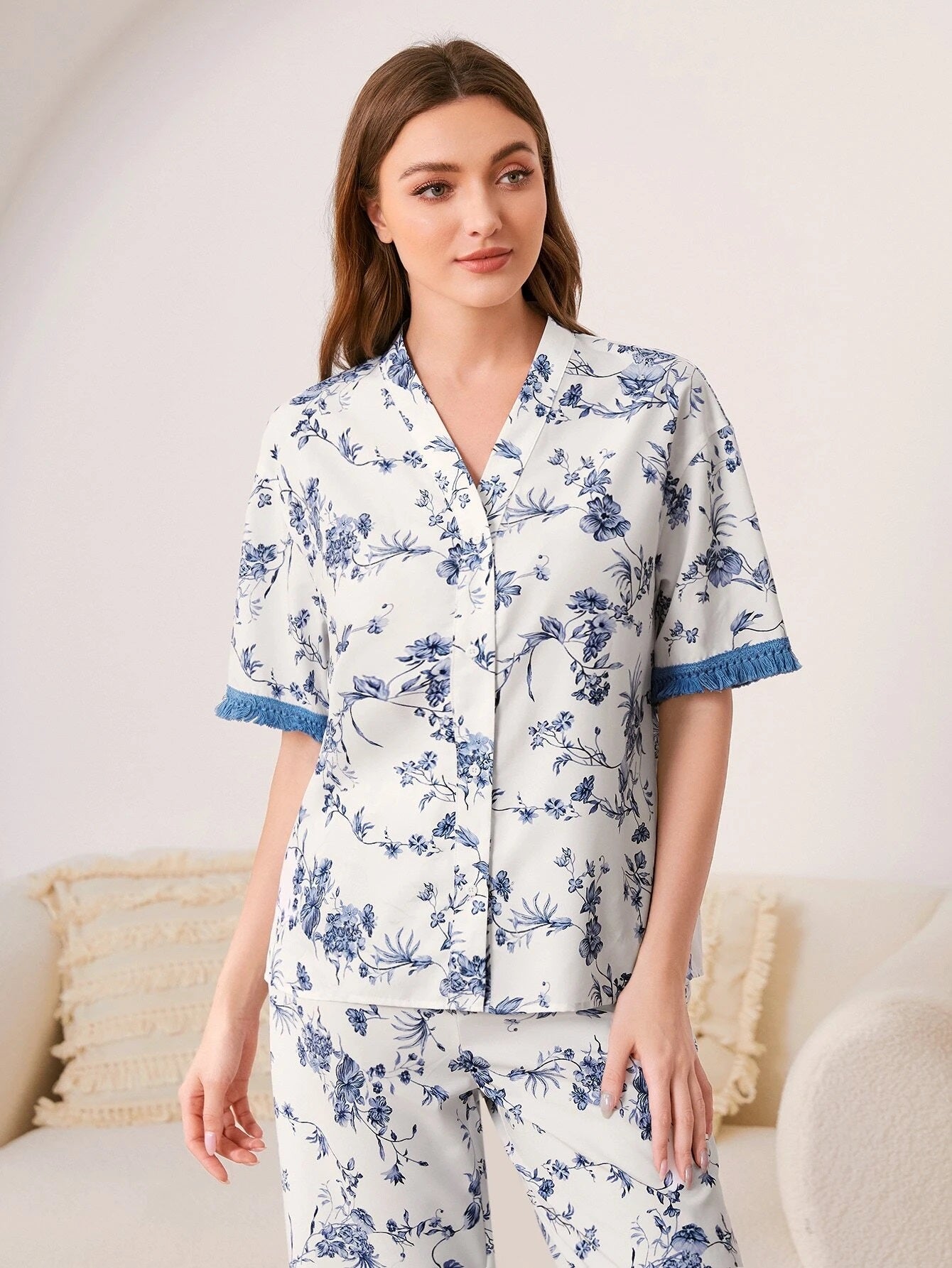 She's Inn Fashion Finds Silky Satin Floral Print half Sleeves Satin PJ Set