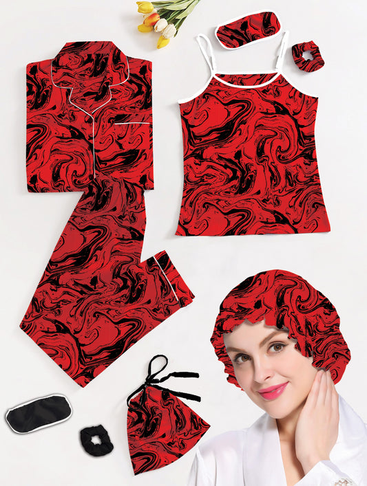 Eshaal Omani Opulent Dreams β Silky Pajama Set for Women Silky Finish Night Dress For Women and Girls 7 Piece Night Wear Women's Pajama Sets