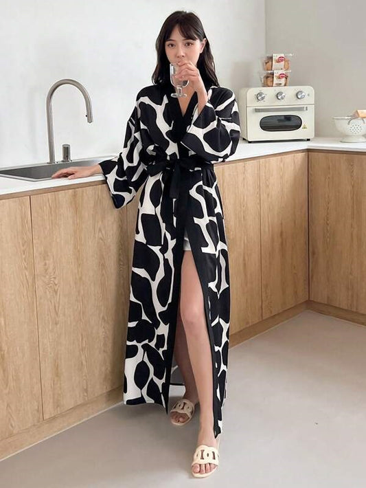she's inn classic comfort robe printed silk satin drop shoulder belted satin robe