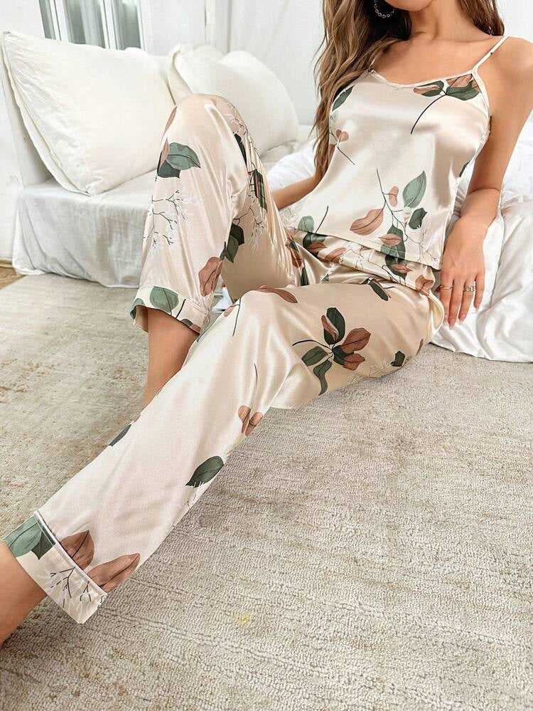 She's Inn Floral Cream Print Satin Camisole And Long Pants Pajama Set