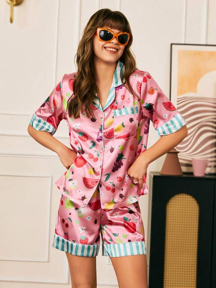 She's Inn Creations Floral Print Contrast Piping Pocket Front Satin Short Set women Night wear For Women Sleepwear For Girls