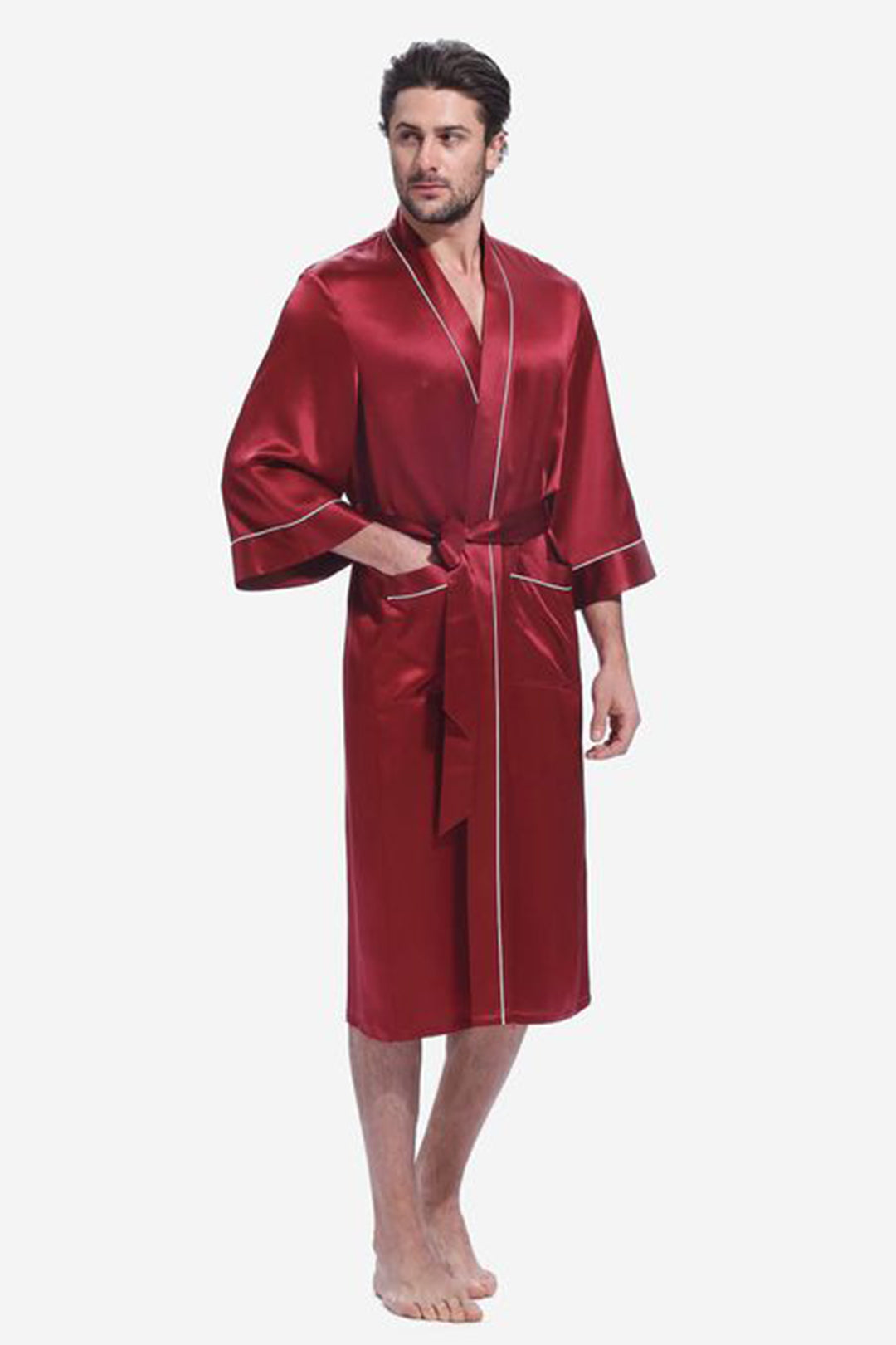 Sebastian Men's Silky Satin Long Sleeve Burgandy Robe With Pippin