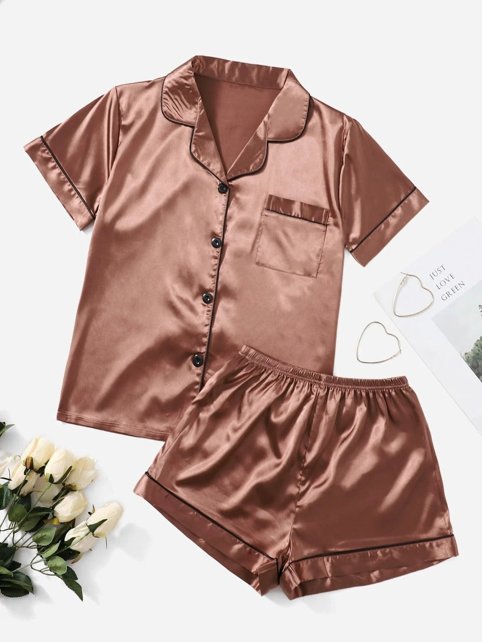 Bella de Fashion Finds Women’s Contrast Pipping Satin Short PJ Set /Nightdress Silky/ Night Suit For Women’s  SBA-SS-255-RUST-BROWN