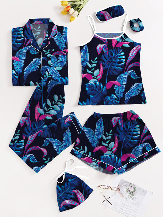 Eshaal Omani Velvet Bliss β Ultimate 7-Piece Silk Pajama Set Silky Finish Night Dress For Women and Girls 7 Piece Night Wear Women's Pajama Sets