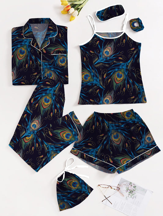 Eshaal Omani Silk Tranquility β Elegant 7-Piece Night Dress Set Silky Finish Night Dress For Women and Girls 7 Piece Night Wear Women's Pajama Sets