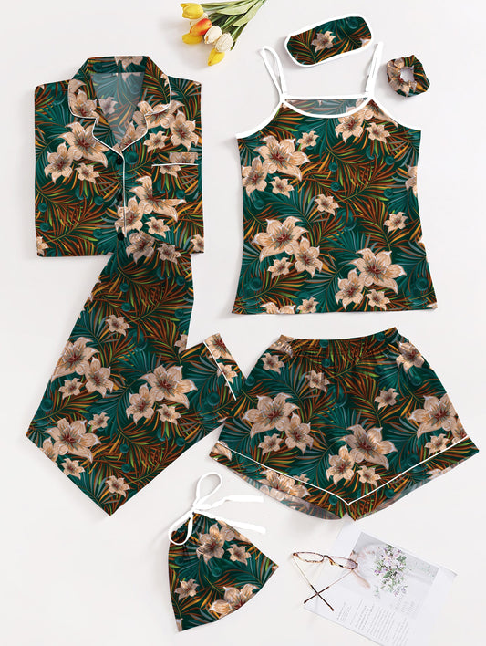 Eshaal Omani Dreamy Serenity β Luxurious Silk Pajama Set Silky Finish Night Dress For Women and Girls 7 Piece Night Wear Women's Pajama Sets