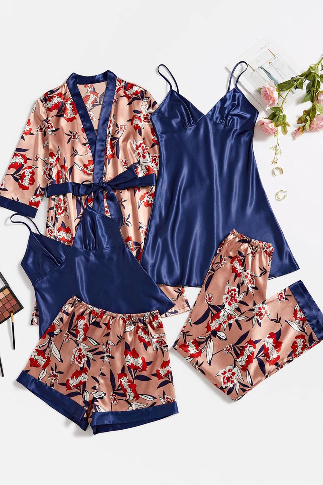Women's 5 piece sleepwear Navy floral satin cami pajama set silk with robe