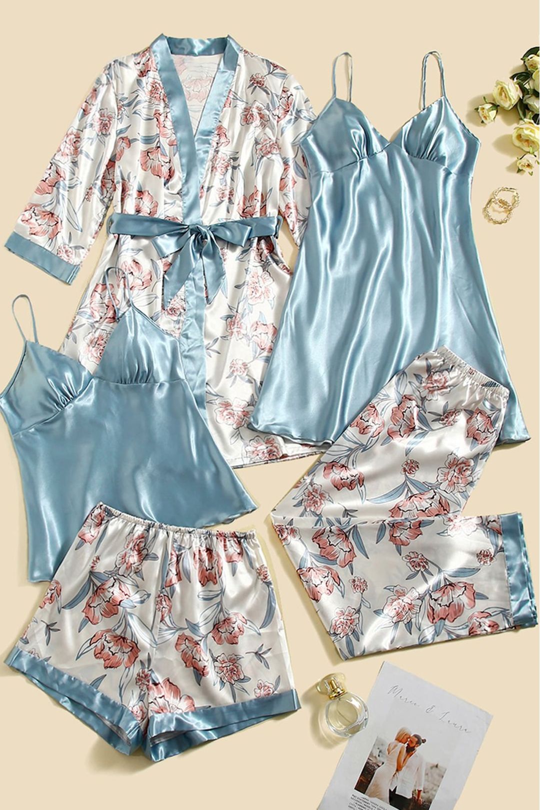 Women's 5 piece sleepwear Aqua floral satin cami pajama set silk with robe