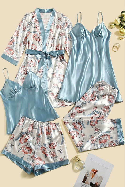 Women's 5 piece sleepwear Aqua floral satin cami pajama set silk with robe
