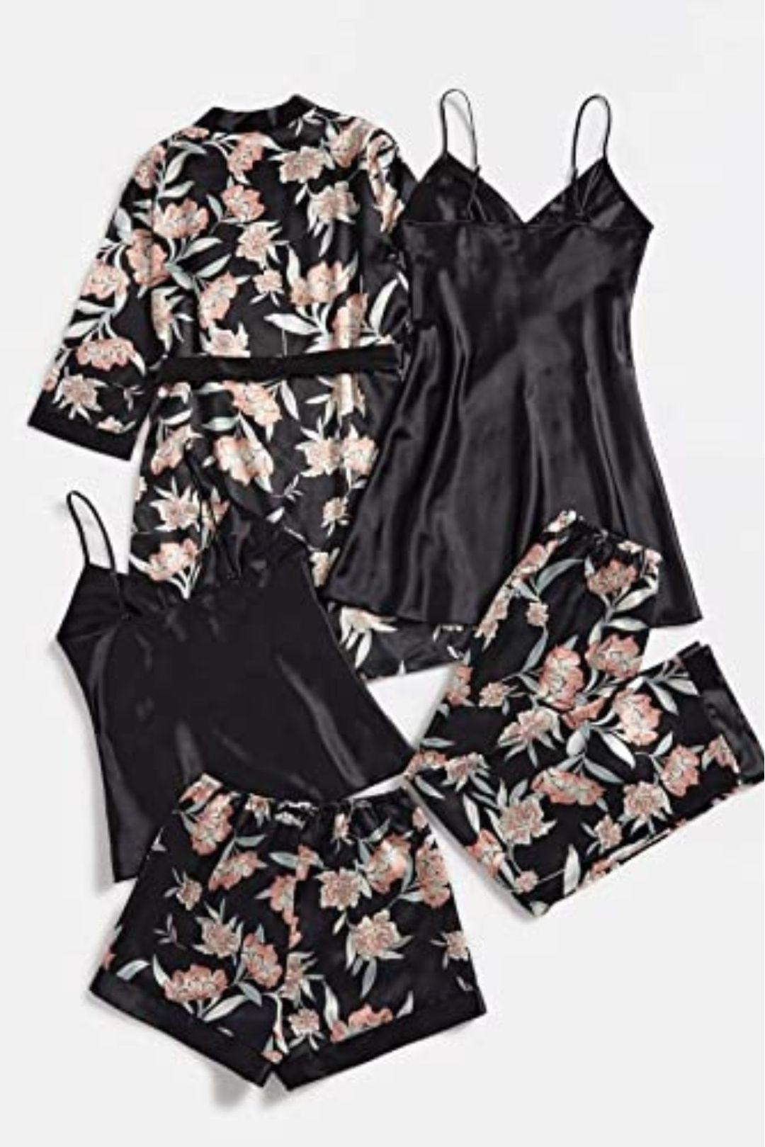 Women's 5 piece sleepwear Black floral satin cami pajama set silk with robe